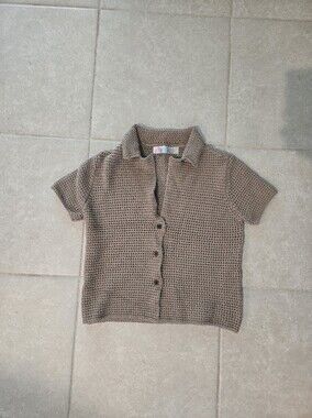 FP Beach Taupe Short-Sleeve Knit Button-Up Sweater